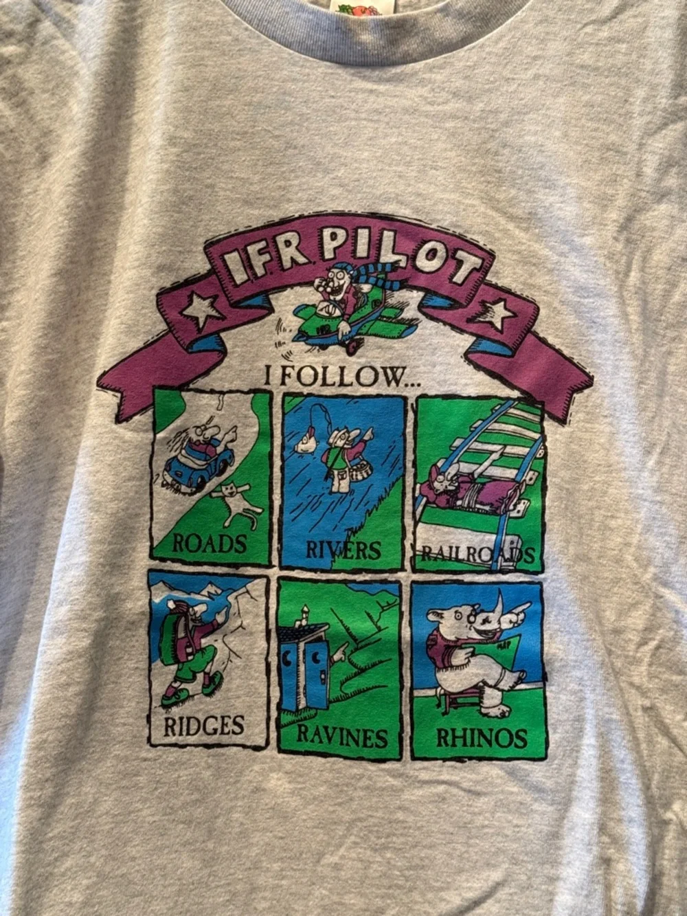 Fruit of the Loom Light Gray Tee with Green & Purple Cartoon Pilot Print - Picture 2 of 5